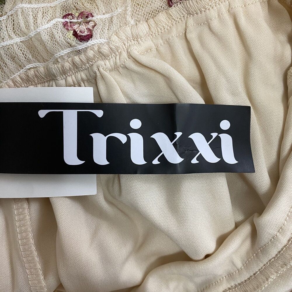 Trixxi Women Mini Dress Sz M Ivory Floral Embroidered Spaghetti Strap Mesh NWT - Picture 7 of 13